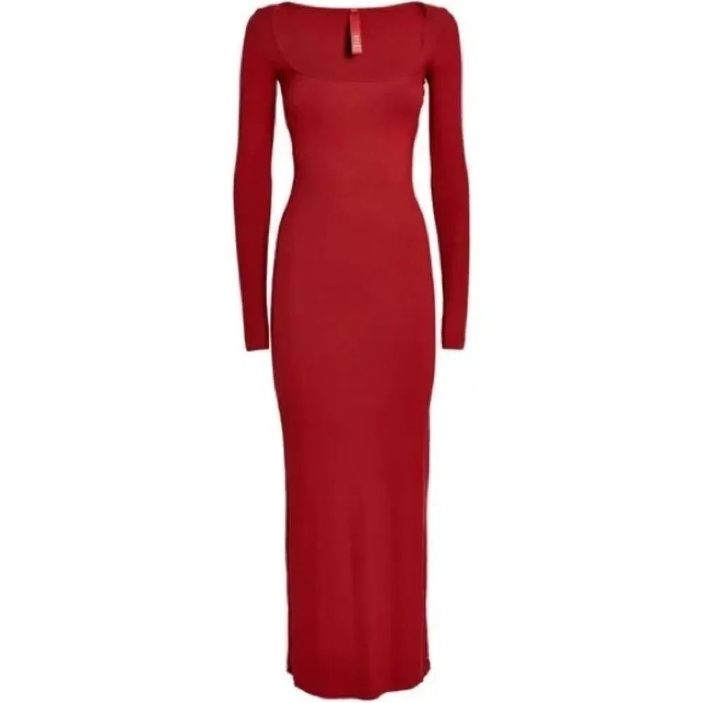 SKIMS Red Body Shaping Stretch Ribbed Modal Bodycon Maxi Dress L KimKardashian